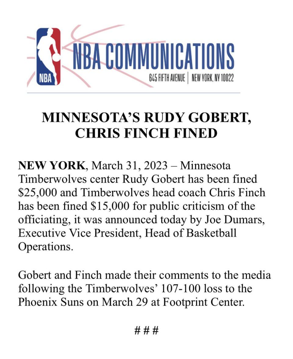 NBA官宣4万美元罚单：戈贝尔芬奇抨击裁判被罚 悍将骨折无限期休战(2)
