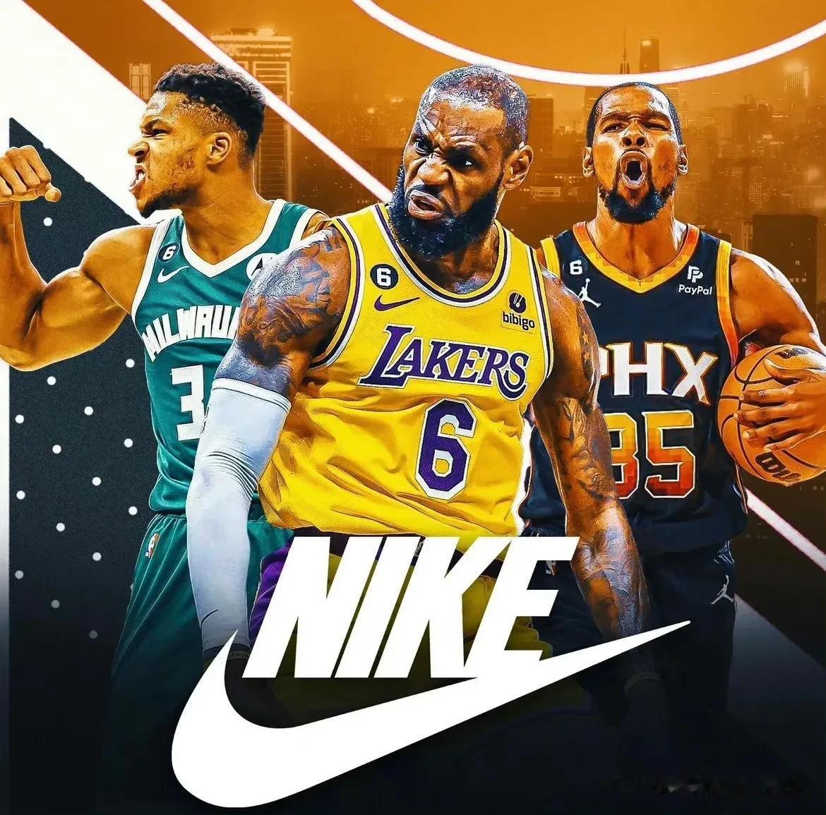 在NBA，各大球鞋品牌的三位代表球员一览:

1、耐克:詹姆斯，杜兰特，字母哥
(1)