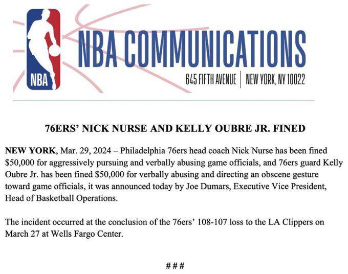 NBA公布罚单：纳斯乌布雷辱骂裁判各罚5万美元 关键漏判激怒两人(2)