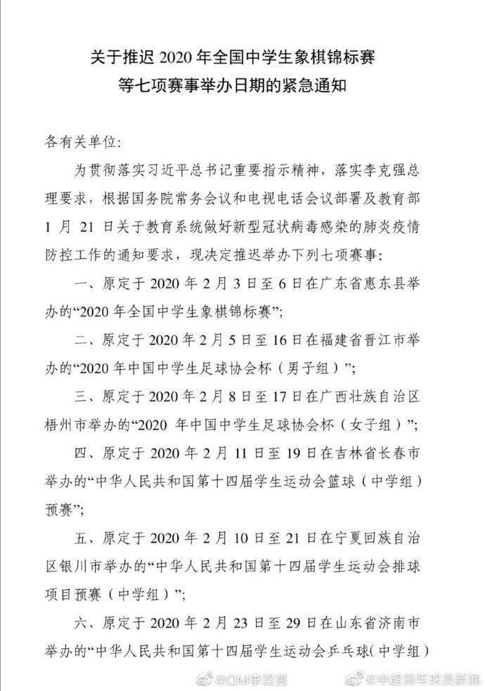 官方：2020年中国中学生足协杯等赛事延期举行(1)