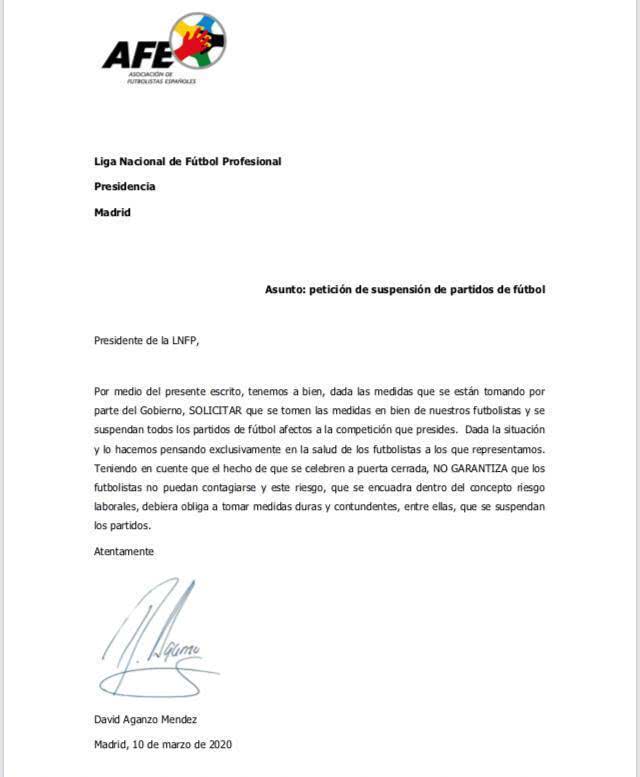 西班牙球员工会声明：希望暂停国内所有体育赛事(1)