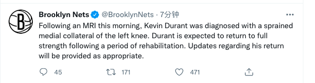 官宣！杜兰特左膝内侧副韧带扭伤，名记：篮网内部乐观预计4到6周康复(1)