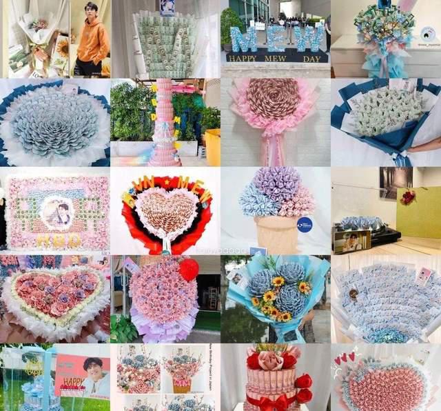 中国粉丝给泰国男星生日应援，用现金堆成蛋糕和鲜花，场面很奢侈(7)