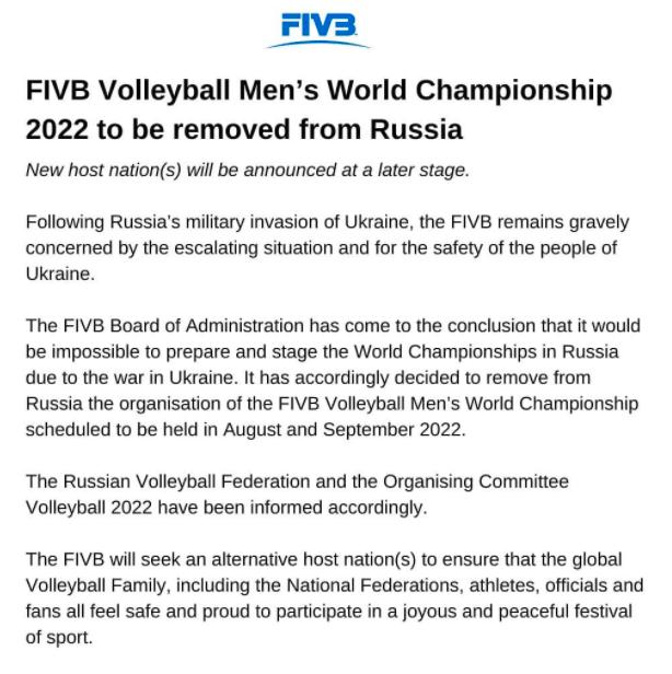 国际排联官宣取消俄罗斯2022年男排世锦赛主办权(1)