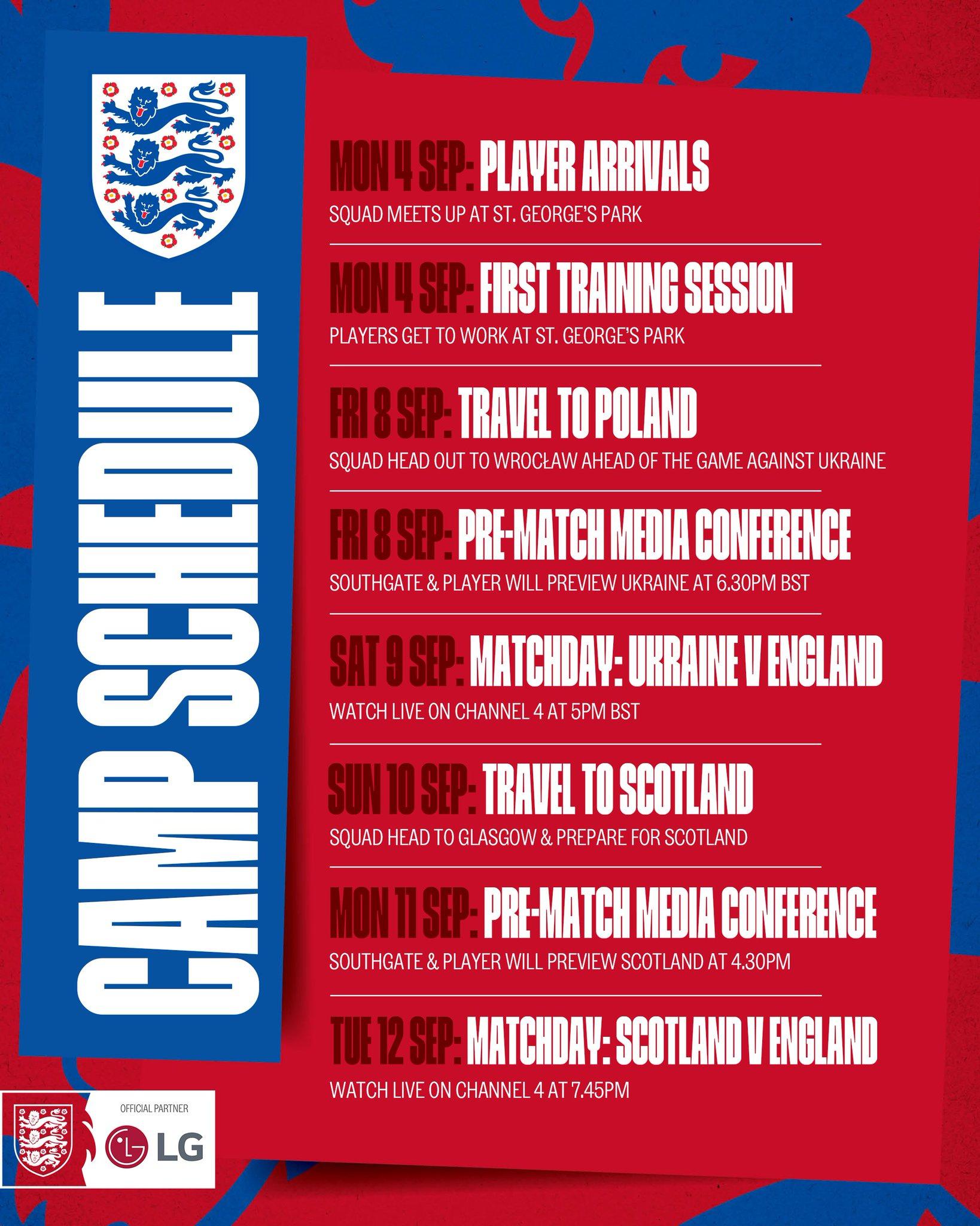 英格兰官方公布9月行程：欧预赛对乌克兰&友谊赛对苏格兰(1)