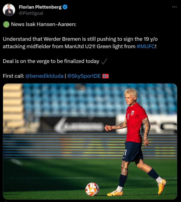 记者：不莱梅接近签下曼联19岁的挪威中场汉森-亚隆(1)